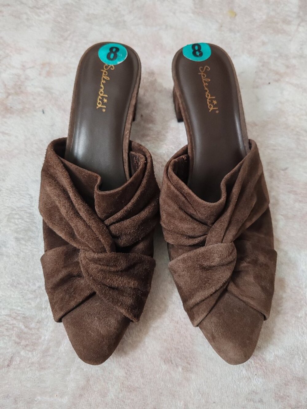 Splendid Lanis Suede Mules Brown Knotted Pointed Toe Block Heel Women’s Size 8